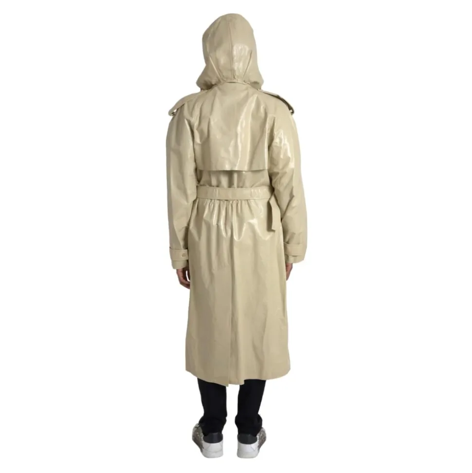 Beżowa Kurtka Trench Coat Skórzana