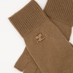 Beżowe Wełniane Unisex Rękawiczki z Logo