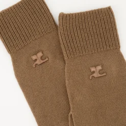Beżowe Wełniane Unisex Rękawiczki z Logo