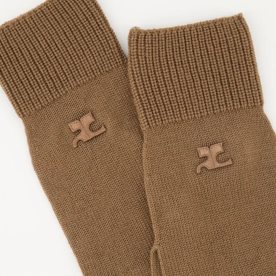 Beżowe Wełniane Unisex Rękawiczki z Logo