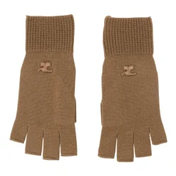 Beżowe Wełniane Unisex Rękawiczki z Logo