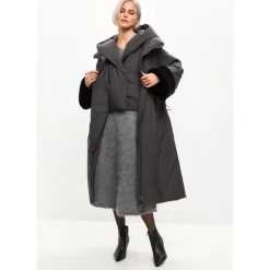 Oversized Płaszcz Puffer z Kapturem i Mankietami ze Sztucznego Futra - Szary