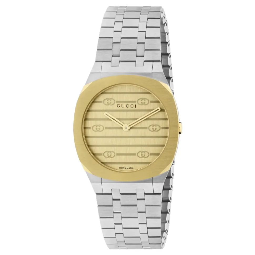 Uomo/Donna - YA163502 - 30mm stal nierdzewna i 18k pozłacana wielowarstwowa koperta, złota tarcza z mosiądzu z motywem Interlocking G, bransoleta ze stali nierdzewnej z pięcioma ogniwami