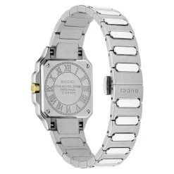 YA166503 - G-Flat 24mm stalowa koperta ze stali nierdzewnej z 18-karatowym pozłacanym bezel i śrubami; Srebrna galwanizowana tarcza z rzymskimi indeksami o godzinie 12 i 6 oraz indeksami diamentowymi; Bransoleta ze stali nierdzewnej